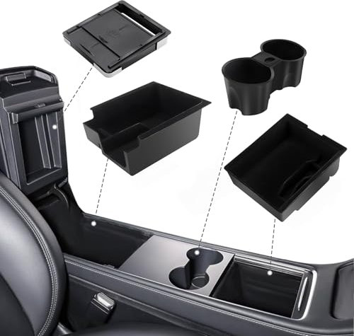 Geloo 4 Pcs Centre Console Organiser Tray for Tesla Model Y 2021-2024 Centre Consoles Drink Holder Armrest Organiser Storage Box Hidden Armrest Storage Box for Model 3 2021-2023