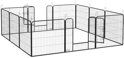 PawHut Welpenauslauf 80 cm Hoch, 12-TLG Welpenlaufstall mit 2 Tür, DIY Hundelaufstall Freilaufgehege Welpenfreigehege Hundezaun für mittelgroße Hunde, Kaninchen, Meerschweinchen, Stahl, Grau