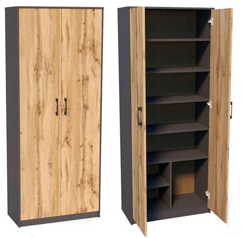 Mehrzweckschrank mit 8 Fächern Besenschrank Haushaltsschrank in mattem Finish mit 6 Einlegeböden und 2 Türen, 74 cm breit aus Laminatplatte und hochwertigen Polymergriffen graphit Eiche