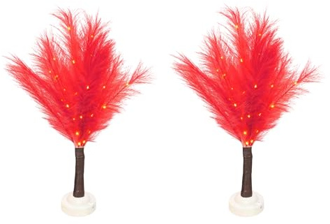 SHATCHI 2Pcs - 70cm Red Feather Tree Table Lamp Warm White LEDs Lighted Pampas Tree – Battery-Operated Decorative Night Light for Christmas, Home, Events, Holiday Decorations