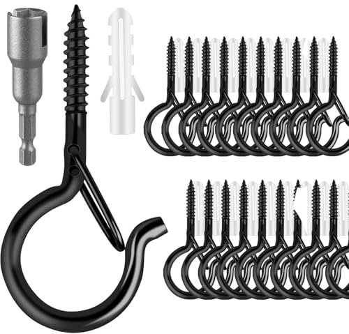 48 Stück Schraubhaken Schwarz, Schraubhaken Klein, Schraubhaken Edelstahl, Schraubhaken mit Sicherung für Pflanzenkörben Vogelhäuschen Windspielen Lichterketten, inklusive 1 Flügelmutterndreher