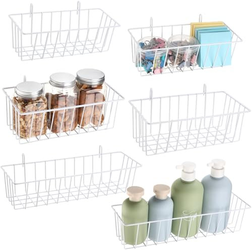 LOYIM 6 Pack Wall Grid Panel Hanging Wire Basket, Multi-size Wall Storage and Display Basket, Wire Grid Wall Accessories for Cabinet, Pantry Organization, Kitchen, Bathroom Storage (White)