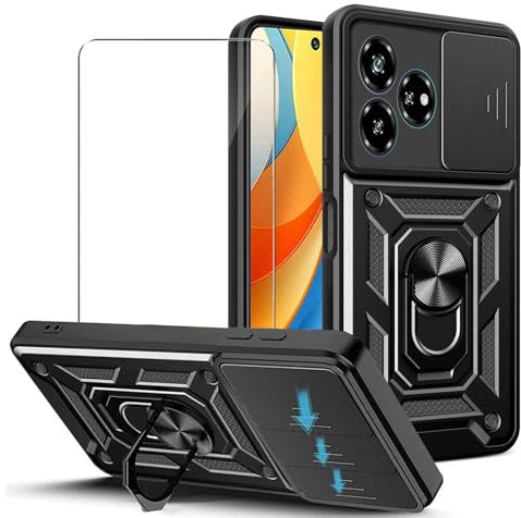 JDXHFF Hülle Kompatibel mit ZTE Blade V60 Vita (6.6) und 1 x Panzerglas Displayschutzfolie - Weiche TPU und Hart PC Silikon Tasche Schutzhülle mit 360 ° Grad Ring Ständer Case Schwarz