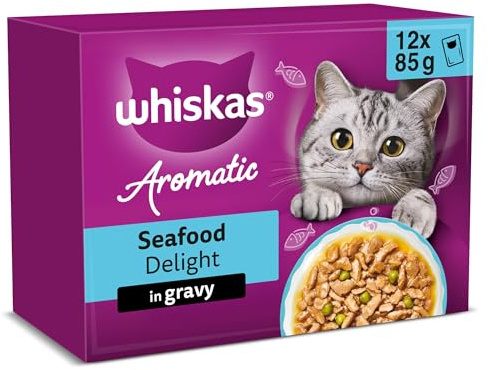 WHISKAS AROMATIC Adult Wet Cat Food in Gravy 12x85g Seafood Delight (Pack of 4)