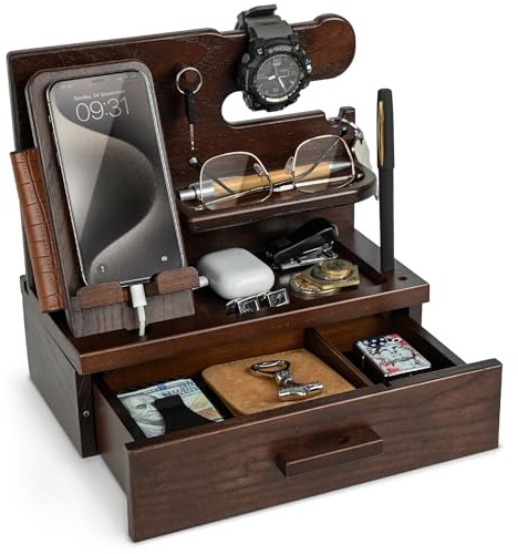 TESLYAR Station d'accueil de téléphone en bois avec tiroir – Organiseur de table de nuit – Organisateur de bureau pour mari – Cadeaux d'anniversaire pour homme, papa, anniversaire de mariage
