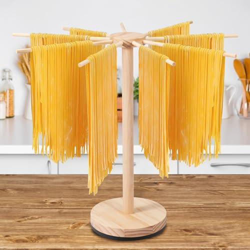 Fyeme Stendipasta con base girevole, in legno con 9 bracci rimovibili, pieghevoli, riutilizzabili, per asciugare, per tagliatelle italiane, tagliatelle cinesi