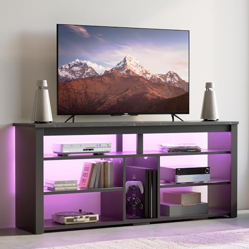Bestier 55-65 Inch LED TV Stand with Storage for PS4/Xbox, 140CM LED TV Cabinet Adjustable Shelves Entertainment Centre, Tall Modern Media Console for Living Room - Black Marble Design