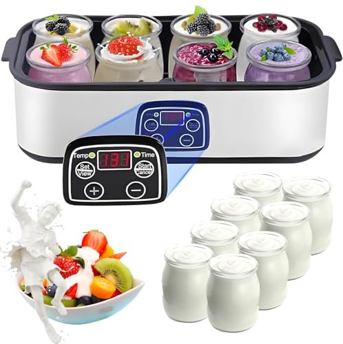 WaaYb Yogurtera Automática Ultimate de 1400 ml con 8 Frascos de Vidrio, Control de Temperatura y Tiempo Ajustables, Yogurtera Probiótica para Cocina y Hogar