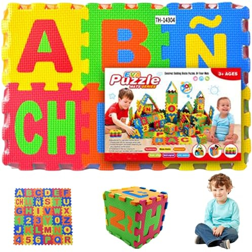 Puzzle-Teppich mit 36 Kacheln, 78, 7 x 78, 7 cm, Babymatte aus EVA-Schaum für den Boden, ineinandergreifende Puzzlematte mit spanischem Alphabet zum Spielen und Trainieren, Schaumstoff-Spielmatte f