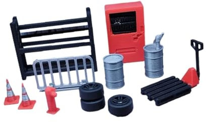 Oshhni 1/64 Diorama Garage Accessori Officina Auto Pneumatici Coni Stradali Mobili Scaffali Fusti di Petrolio 13 Pezzi/Set Attrezzi per Riparazione Auto in