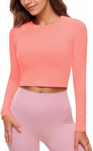 Fisoew Maglietta sportiva da donna UPF 50+, protezione solare a maniche lunghe, girocollo, per yoga, allenamento, crop top, traspirante, slim fit