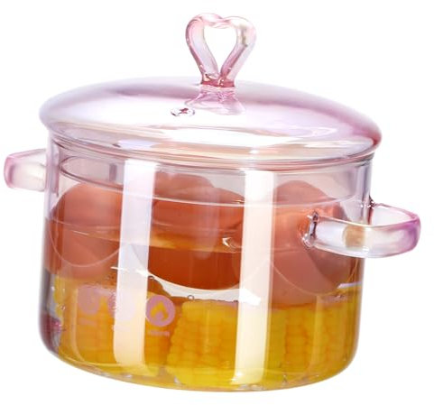 HEALLILY Olla de Vidrio para Cocinar Doble Asa 1.5L Alta Resistencia Transparente para Estofado y Sopa Olla de Tapa y Diseño Retro