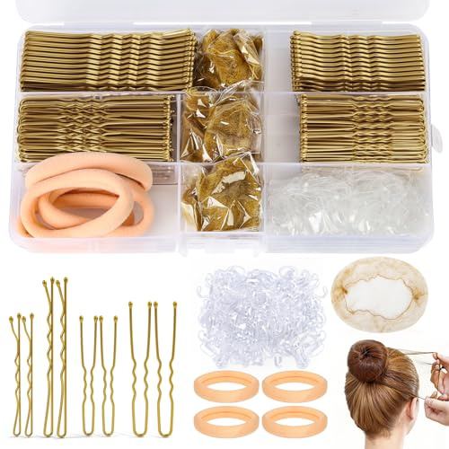 HONZUEN Haarklammern Set 385 Stück – Hochsteckfrisuren Zubehör Gold | Bobby Pins & Haarnadeln | Dutt Haarnetz & durchsichtige Haargummis | mit Aufbewahrungsbox | für Alltag, Tanz & Hochzeit