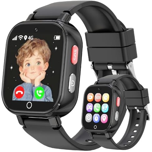 4G Smartwatch Kinder GPS, Kinderuhr mit 4G Videoanruf Voice Chat Schulmodus WiFi SOS Spiele Wecker Stoppuhr Schrittzähler Taschenrechner, Telefon Uhr für Mädchen Jungen 4-12 Jahren Geschenk, Schwarz