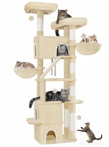 Hzuaneri 185 cm Arbre à Chat, avec 2 Plates-Formes, Beige | Grande Tour à Chat pour Chats d'intérieur, 3 Condos, 6 Priffoirs, 2 Paniers, Pompons, Coussin Lavable, MS18818YL