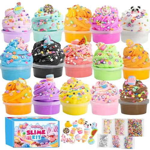 Schleim Kinder, 15 Pack Slime Set, Mädchen Geschenke 8 Jahren, DIY Butter Slime, Glitter, Charms, Fruit Slices Basteln Mädchen, Geschenke für Mädchen, Nikolaus Geschenke Kinder