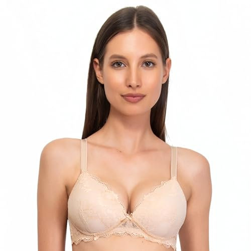 SIELEI, Reggiseno con Coppe Graduate e Senza Ferretto per Un Effetto Push-up Leggero, Realizzato in Morbido Pizzo, Spalline Regolabili, Designed in Italy, Color Cipria, Taglia 4B