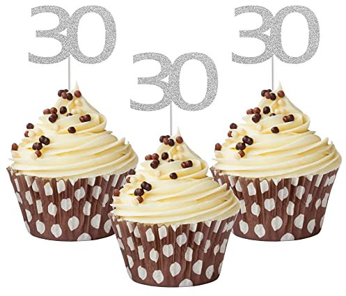 Sumerk 24PCS 30 Cupcake toppers Silver Glitter 30th Birthday Cupcake Picks Anniversary Party Decorations