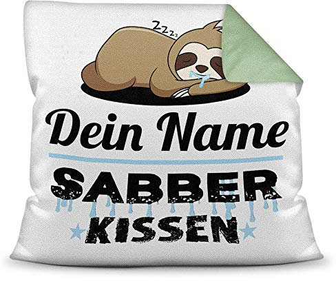 Kissen inkl. Füllung Faultier PERSONALISIERT mit WUNSCHNAME für Ihn - Sein Name Sabberkissen - Kuschelkissen / Lustige Geschenkidee für Männer / Freund / Geburtstag - Farbkissen Rückseite Seegrün