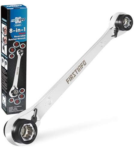 FIRSTINFO F3452 Llave de carraca 8 en 1, carraca de 12 puntas, métrica, CR-V, llave combinada reversible de 90 dientes, incluye 8, 10, 12, 13, 14, 15, 17, 19 mm