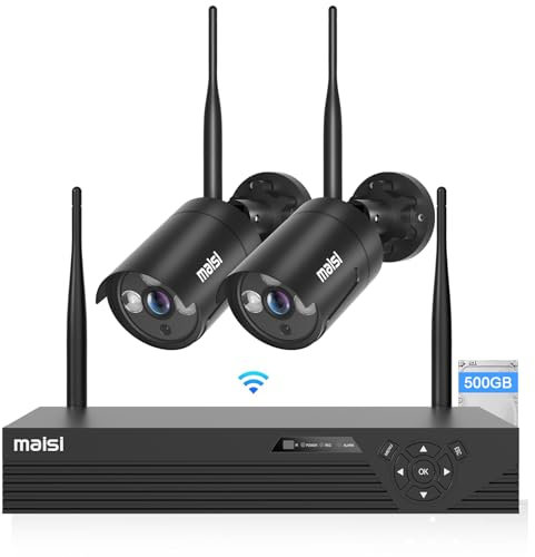 maisi Wireless Security System 4CH 2K/3MP CCTV NVR and 2pcs 1080P HD Outdoor/Indoor WiFi IP Cameras, Easy Remote Access, Plug&Play, Instant APP Push (500GB Hard Drive Pre-Installed)
