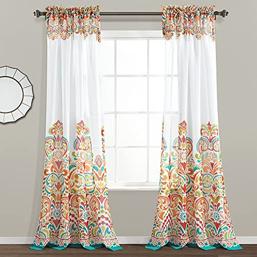 Lush Decor Clara transparente Vorhänge im Paisley-Damast-Design, Boho-Stil, lichtdurchlässiges Vorhang-Set für Wohn-, ESS- oder Schlafzimmer (Paar), transparente Paneele, Türkis und Orange