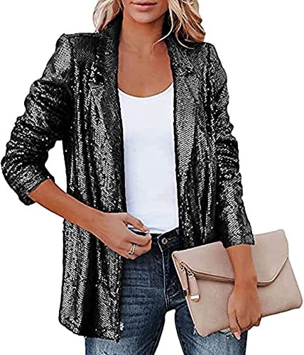NLAVW Glänzende Pailletten-Anzugjacke für Damen, Strickjacke, Langarm, Bolero, Kurze Oberteile, eleganter Blazer, Glitzer, Party-Outfits, Clubwear,Schwarz,XL