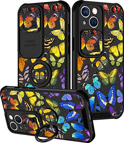 Goocrux (2in1 for iPhone 13 Mini Case Butterfly Women Girls Girly Pretty Phone Cover with Slide Camera Cover+Ring Holder Cute Colorful Rainbow Butterflies Design Cases for iPhone13 Mini 5.4''