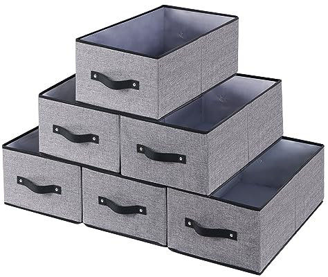 YheenLf Clothing Storage Cubes, Organizer Bins with Double Handles, Foldable Fabric Baskets, Containers Clothes Boxes for Organizing Shelves, Gray, 6-Pack, 33×23×14 cm