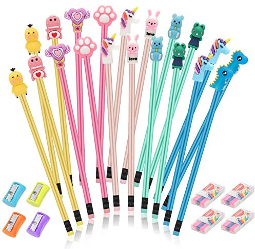 NAEBRO Kinder Bleistift-Set, 20 Stück mit Radiergummi, HB Bleistift mit Niedliche Bleistiftkappe, Radiergummi und Bleistiftspitzer, Mitgebsel oder Geburtstagsgeschenk