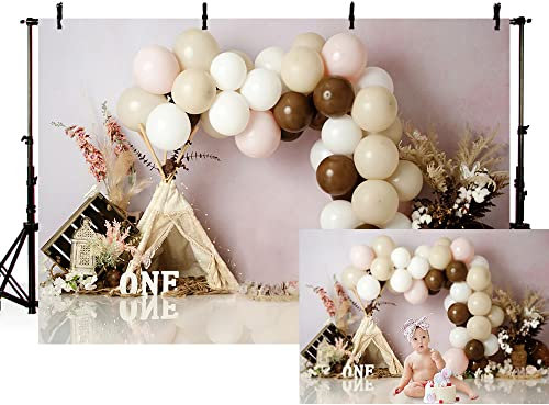 MEHOFOND 2,1x1,5 m Boho-Thema Mädchen 1. Geburtstag Fotografie Hintergrund Khaki Ballon Zelt Blumenparty Bohemian Stil Hintergrund Babyparty Neugeborene Dekoration Fotoautomaten Fotorequisiten