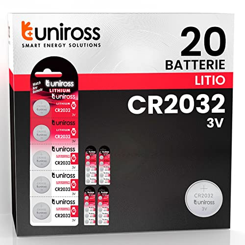Uniross Knopfzelle CR2032, Lithium Akku Knopfbatterien, 3 V, lange Lebensdauer, Aufladung bis zu 5 Jahren, ohne Merkur und Cadmium, 4 Blister mit 5 Batterien