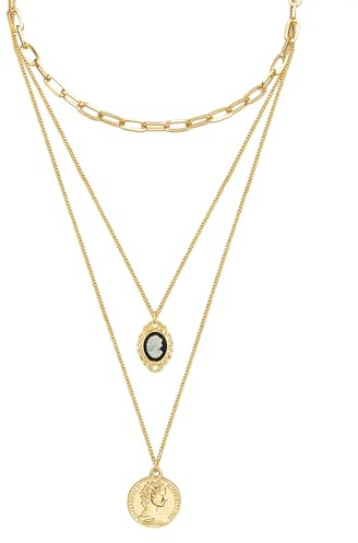 Lulu & Jane Damen Kette Metall-Legierung gelbgold | gelbvergoldet 14 Karat, Gliederkette/Panzerkette, Acryl, schwarz, Medaillon/Münze, Karabinerverschluss, 3-reihig