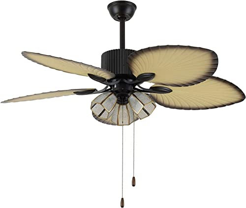 JEARRY 52 Inch Tropical Palm Ceiling Fan ，with LED Light Antique Chandelier Remote Control 5 Wood Blades 3 Speed Chandelier for Living Room Bedroom Dining Room Fan Chandelier (Double Color)