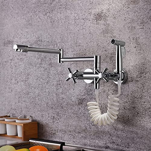 Kitchen Tap, Pot Filler,Commercial Kitchen Sink Faucet,Double Joint Swing Arm 360 Degree Swivel Sink Faucet,Brass Kitchen Faucet With Sprayer,Wall Mounted Double Cross Handle Pot Filler Faucets,Chrome