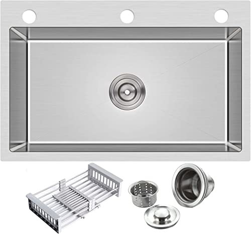 Waschbecken 23,6 x 17,7 Zoll Kommerzielles Aufsatz-/Einbau-Einzelbeckenbecken, handgefertigte 3-Loch-Küchenspüle aus gebürstetem 304-Edelstahl mit Korbsieb