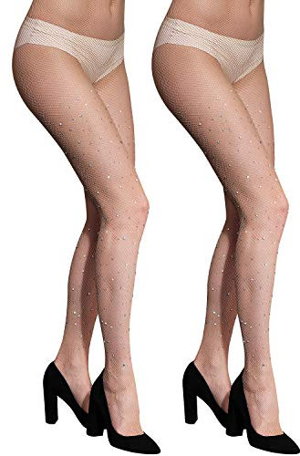 CHRLEISURE Damen-Netzstrümpfe, glitzernd, glitzernd, für Party, Konzert, Outfit, Fischnetzstrümpfe, Loch, 2 Stück, hautfarben, X-Large-3X-Large