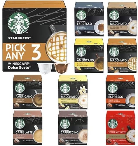 Starbucks Coffee Pods by Nescafe Dolce Gusto Pick Any 3 Packs from 7 Blends Including: Latte, Cappuccino, Espresso, Caramel, Grande and Many More