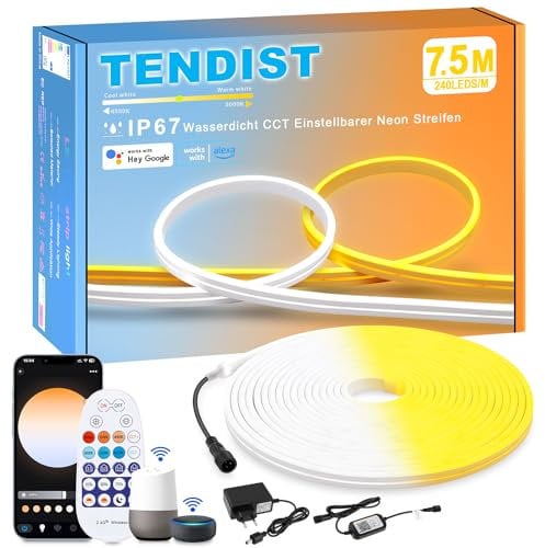 TENDIST 7,5M Neon LED Strip Aussenbereich WiFi, IP67 Wasserdicht Dimmbar Warmweiß 3000k Kaltweiß 6500K Neon Streifen Alexa Kompatibel, 24V DIY Flexibel Ledband für Outdoor, Innen Küche Deko