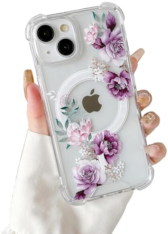 DEFBSC Magnetic for iPhone 15 Case Cute Clear Floral,Purple Peony | Compatible with Magsafe,Flower Print Aesthetic Design Flexible Acrylic Bumper Protective Shockproof Cover,for Women Girls