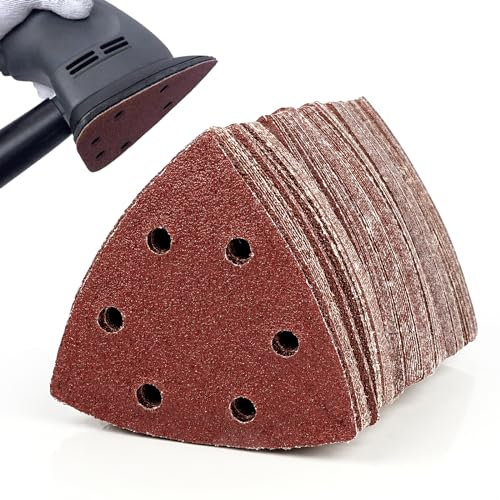 Aniyoo 120Pcs Triangular Sanding Pads, 90mm 6 Holes Triangle Sanding Pads Detail Sander Paper, Sandpaper for Electric Sander Hook and Loop, 60/120/180/240/320/400 Grits for Sanding, Polishing