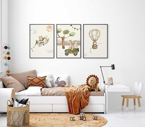 WANDKIND Kinderzimmer Poster Set Premium P722 / Boho Safaritiere Wandbild Babyzimmer (A4 - Rahmen/Frame Weiß/White)
