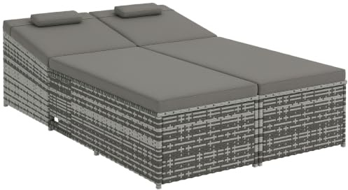 Outsunny Double Rattan Sun Lounger Garden Daybed Flip Side Trays Grey