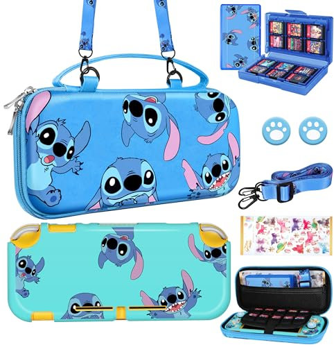 Koecya for Nintendo Switch Lite 7 in 1 Storage Accessories Kit with Travel Carrying Case+Switch Lite Protective Cover+Game Case Holder+Strap+Sticker+2 Thumb Caps Cute Shell for Boys Kids Girls -Stit