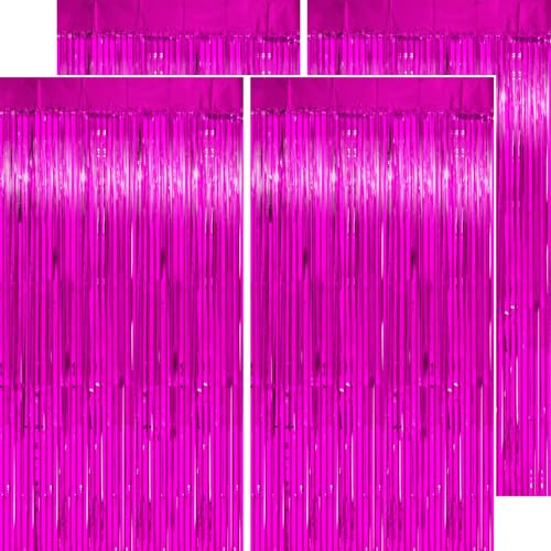 PatiCool Telón de fondo de cortina de flecos de papel de aluminio rosa intenso, paquete de 4 unidades de 3.2 x 8.2 pies, decoración de fondo de fiesta con serpentinas fucsia con purpurina para