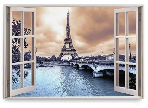 Paul Sinus Wandbild 120x80cm Fensterbild Paris Eiffelturm Kanal Brücke Frankreich