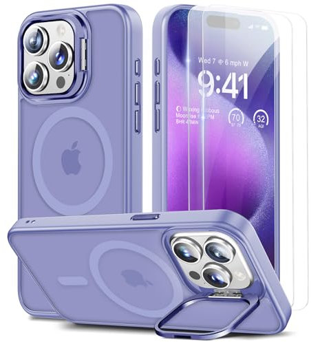 Beeasy für iPhone 15 Pro Hülle, Kompatibel mit MagSafe, Ständer Handyhülle mit 2 Stück Schutzfolie, Magnetische Stoßfest Schutzhülle Case, Durchscheinend Matt Lila