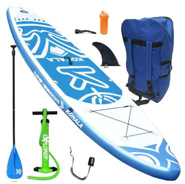 EXPLORER SUP Kohala Stand Up Paddling Board Weiß/Blau 320x81x15cm bis 140kg Komplettset mit Alu-Paddel, Rucksack, Pumpe, Finne und Flickenset