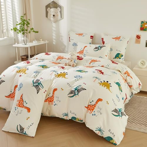 Luowei Beige Bettwäsche 135x200cm Baumwolle Kinder Dinosaurier Karikatur Bettwäsche Set Warm interessant 100% Baumwolle Weich Bettbezug mit Kissenbezug 80x80cm