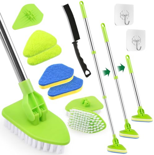 BEYGIH Shower Cleaning Brushes, 90cm Extendable Long Handled Scrubbing Brush, 180°Rotatable 4-In-1 Bathroom Cleaner Brush with Hard Bristle Crevice Cleaning Tool for Bathtub Wall Floor Tile Clean
